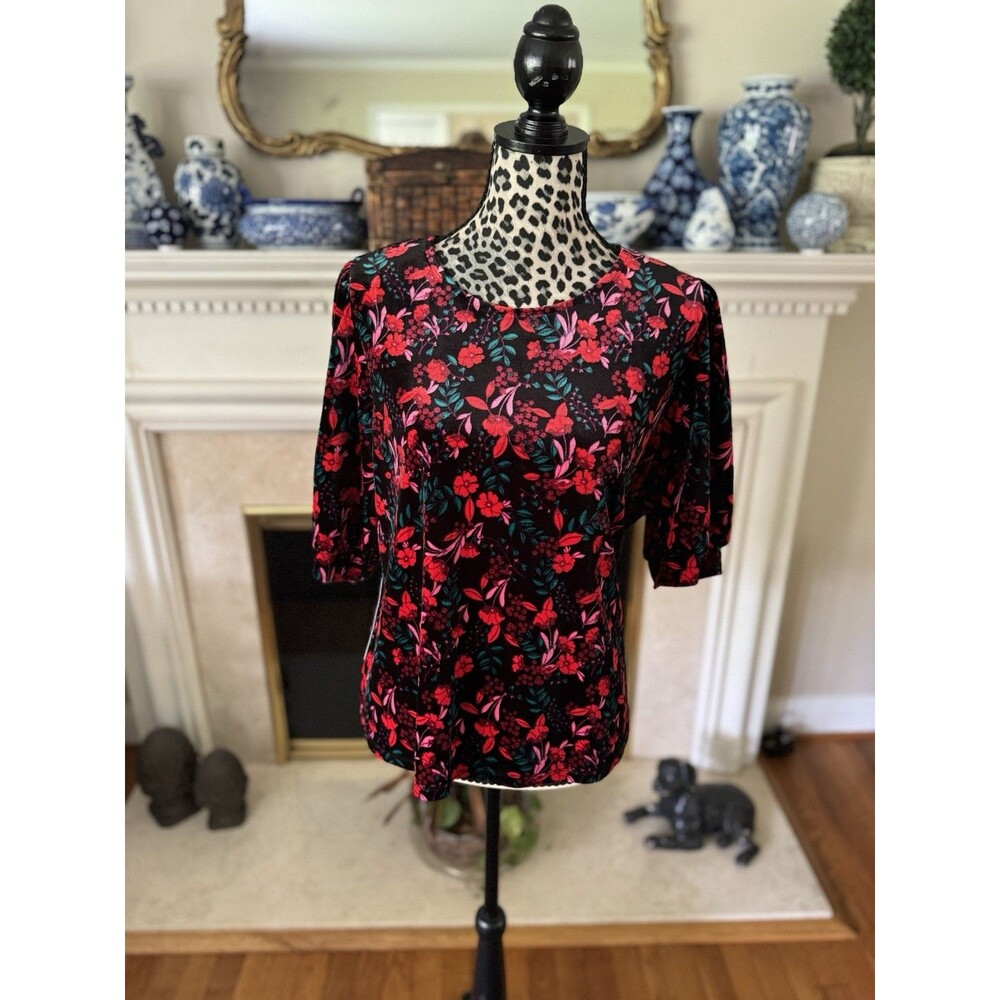 Draper James Velvet Velour Floral Blouse Top Puff Sleeve Black Red XL New